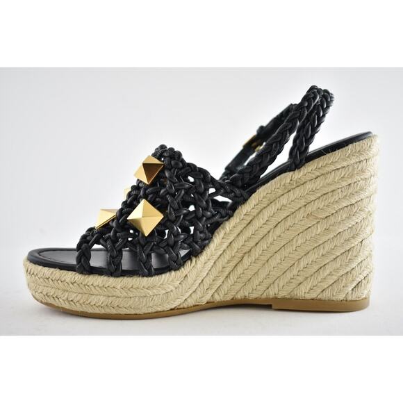 Valentino Rockstud Roman Stud Black Leather Espadrille Wedge Lace Up Sandal 40 - Picture 7 of 10